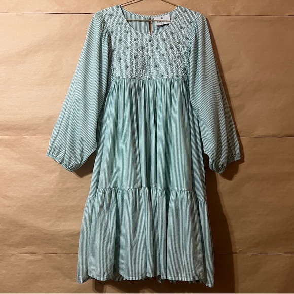 Kopal | The Zeenat Dress Smocked Rosette Bib Popover Sea Green Stripe Size L - Picture 1 of 15